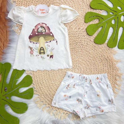 Conj. Blusa Casinha de Cogumelos com Coelhos e Short em Lese - Off White e Marrom
